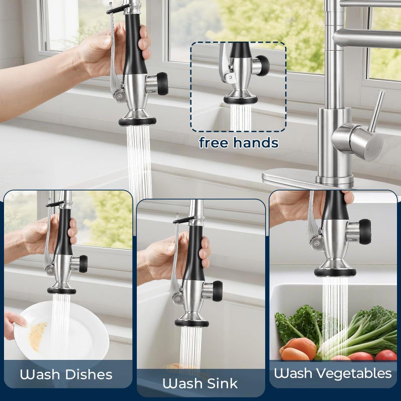 BDJM Kitchen Faucets with Pull Down Sprayer Single Handle,Commercial Style Double-Headed Faucet 1/3 Hole with Deck Plate,Brushed Nickel - Image 5