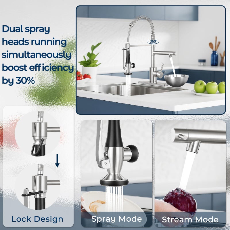 BDJM Kitchen Faucets with Pull Down Sprayer Single Handle,Commercial Style Double-Headed Faucet 1/3 Hole with Deck Plate,Brushed Nickel - Image 2