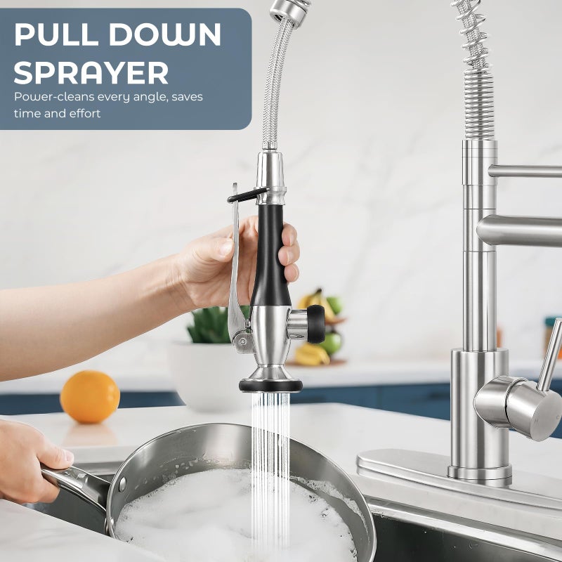 BDJM Kitchen Faucets with Pull Down Sprayer Single Handle,Commercial Style Double-Headed Faucet 1/3 Hole with Deck Plate,Brushed Nickel - Image 3