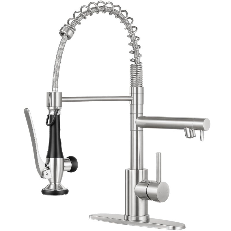 BDJM Kitchen Faucets with Pull Down Sprayer Single Handle,Commercial Style Double-Headed Faucet 1/3 Hole with Deck Plate,Brushed Nickel - Image 1