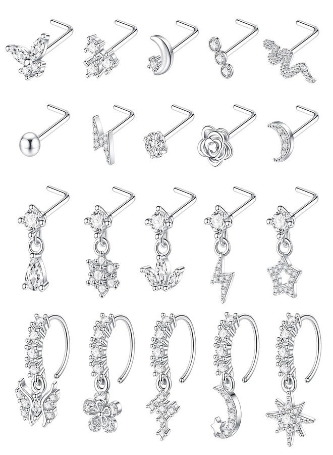 CASDAN 20Pcs 20G Surgical Steel Dangle Nose Rings for Women L Shaped Dangling Nose Rings Studs Hoops Stainless Steel Flower Butterfly Moon Dangle Nose Piercing Jewelry(Gold/Silver Color) - Image 1