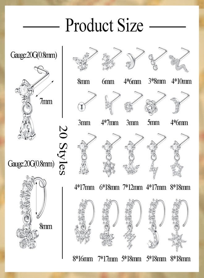CASDAN 20Pcs 20G Surgical Steel Dangle Nose Rings for Women L Shaped Dangling Nose Rings Studs Hoops Stainless Steel Flower Butterfly Moon Dangle Nose Piercing Jewelry(Gold/Silver Color) - Image 3