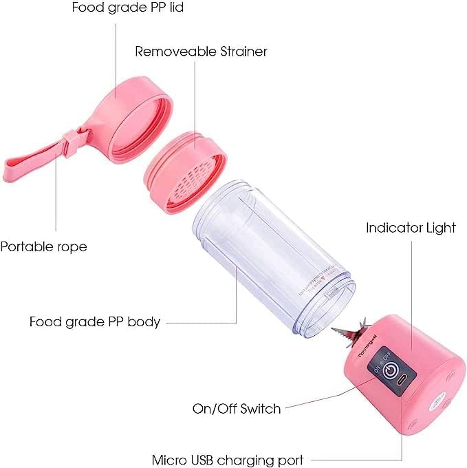 TMW Tianmingwei Portable Blender USB Personal Juicer Cup 6 Blades Rechargeable Fruit Mixing Machine for Baby Travel 400ml[New Version] (Pink) - Image 2