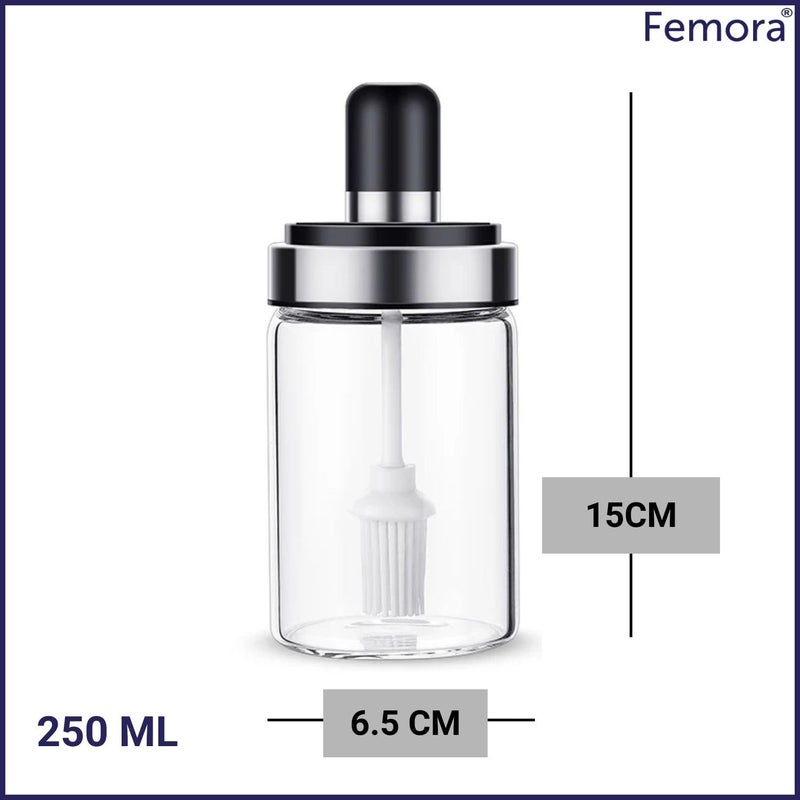 Femora Borosilicate Glass Food Storage Oil Butter Jar with Brush 250ml Set of 2, Transaparent - Image 2