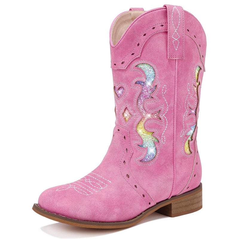 LAURMOSA Girls Cowgirl Boots Pink for Kids Dress Glitter Little Girls Zipper Cowgirl Boots Size 13 Square Toe Kids Old West Cowboy Horse Riding Shoes Cowboy Party(L1050FuchsiaRainbow 13) - Image 1