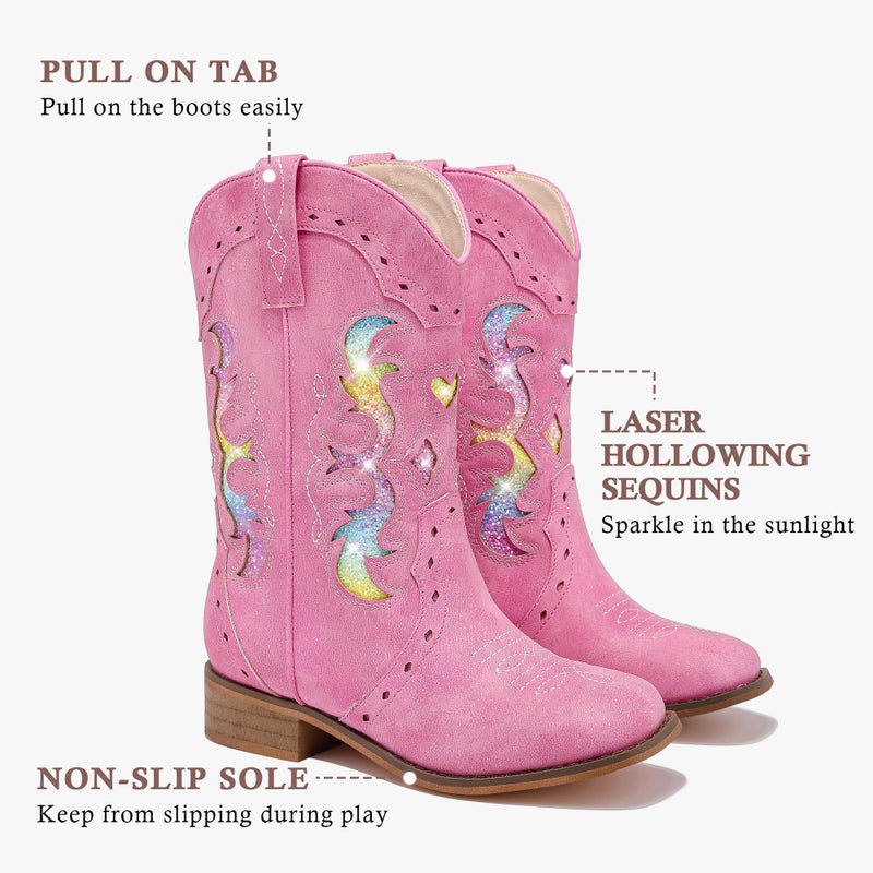 LAURMOSA Girls Cowgirl Boots Pink for Kids Dress Glitter Little Girls Zipper Cowgirl Boots Size 13 Square Toe Kids Old West Cowboy Horse Riding Shoes Cowboy Party(L1050FuchsiaRainbow 13) - Image 5