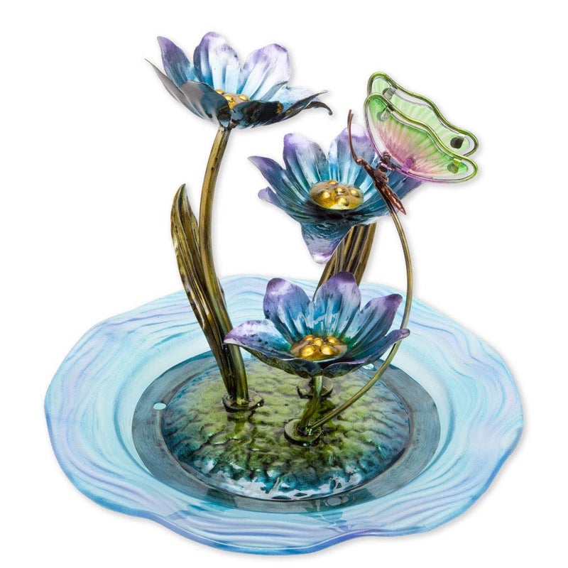Bits and Pieces  Iridescent Glass Butterfly Fountain Sculpture  Indoor Home Dcor  Zen Water Fountain  Desk or Tabletop Accessories  12 Tall Multicolor - Image 1