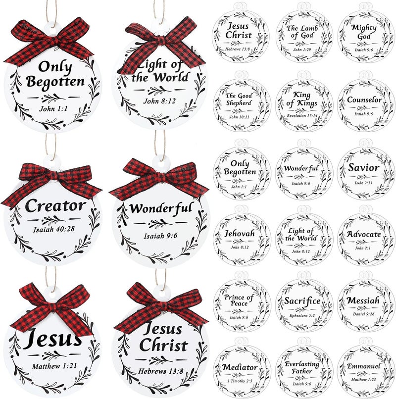 Macarrie 36 Pcs Names of Jesus Christ Christmas Ornament Set Wood Jesus Christmas Ornaments Hanging Religious Wood Christmas Decorations Mini Red and Black Buffalo Plaid Bows for Christmas Tree Car Home Decor - Image 1