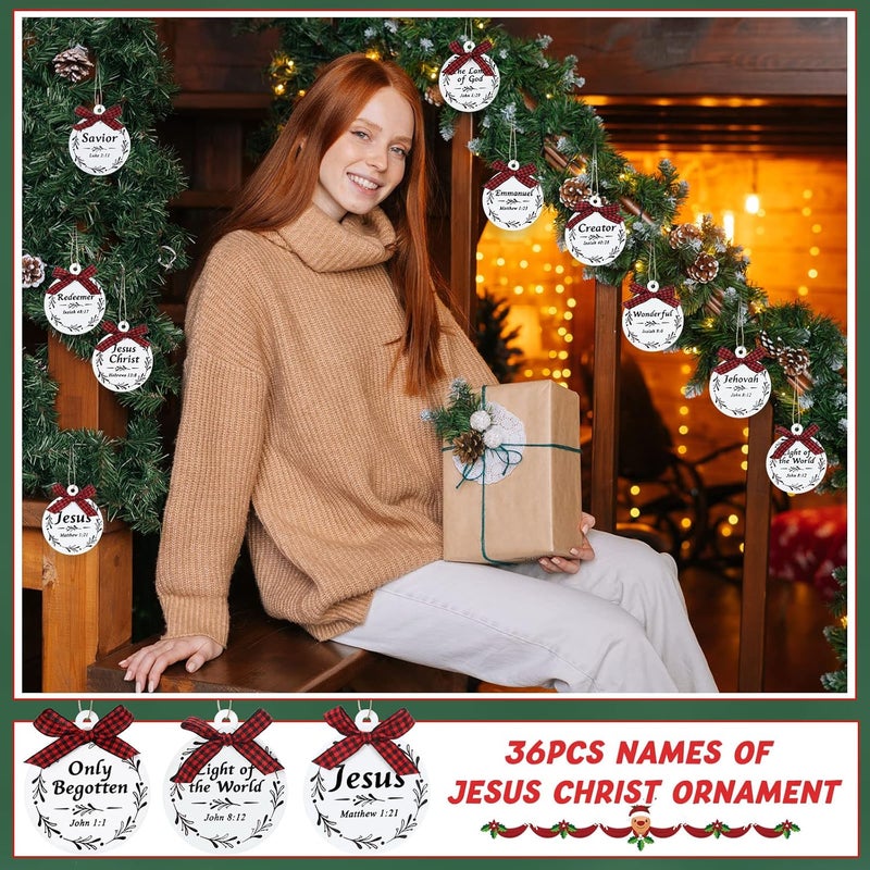Macarrie 36 Pcs Names of Jesus Christ Christmas Ornament Set Wood Jesus Christmas Ornaments Hanging Religious Wood Christmas Decorations Mini Red and Black Buffalo Plaid Bows for Christmas Tree Car Home Decor - Image 3
