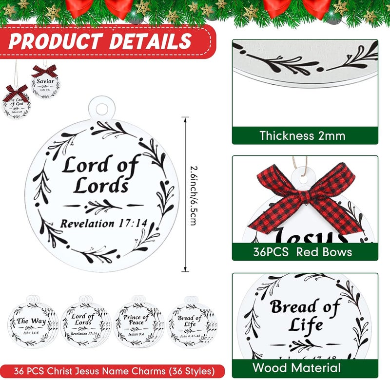 Macarrie 36 Pcs Names of Jesus Christ Christmas Ornament Set Wood Jesus Christmas Ornaments Hanging Religious Wood Christmas Decorations Mini Red and Black Buffalo Plaid Bows for Christmas Tree Car Home Decor - Image 2