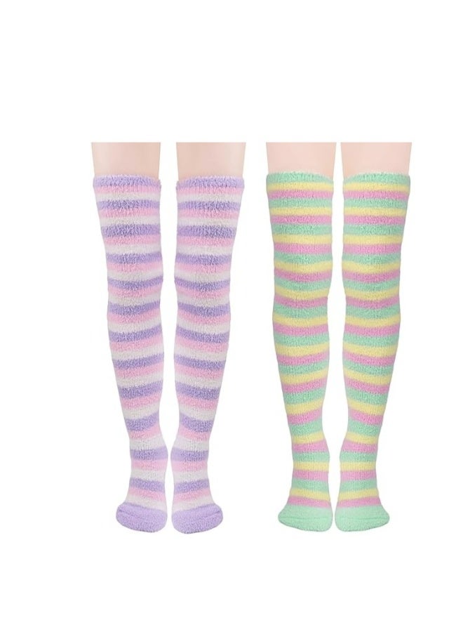Womens Thigh High Fuzzy Socks Over Knee High Long Striped Stocking Fluffy Cozy Slipper Fleece Gift Socks 2 Pairs - Image 1