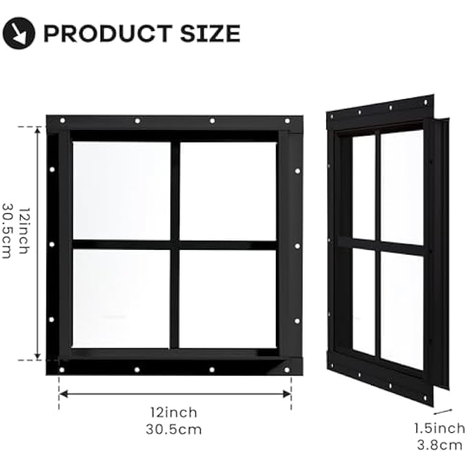 Shed Windows 2 Pack, Chicken Coop Windows 12" X 12" With Tempered Glass, Square Gable Flush Mounted Small Window For Shed, Playhouse, Household, Garage (Black) - Image 3