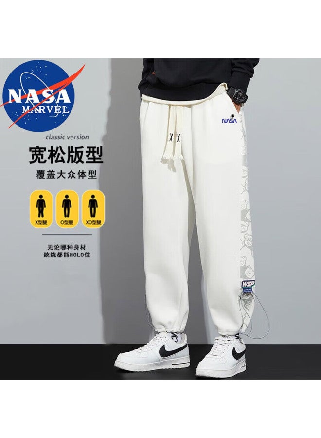 Nasa Marvel Men's Casual Pants Autumn Winter Fleece Lined Sports Elastic Thickened Loose Jogger Pants White Fleece 3XL