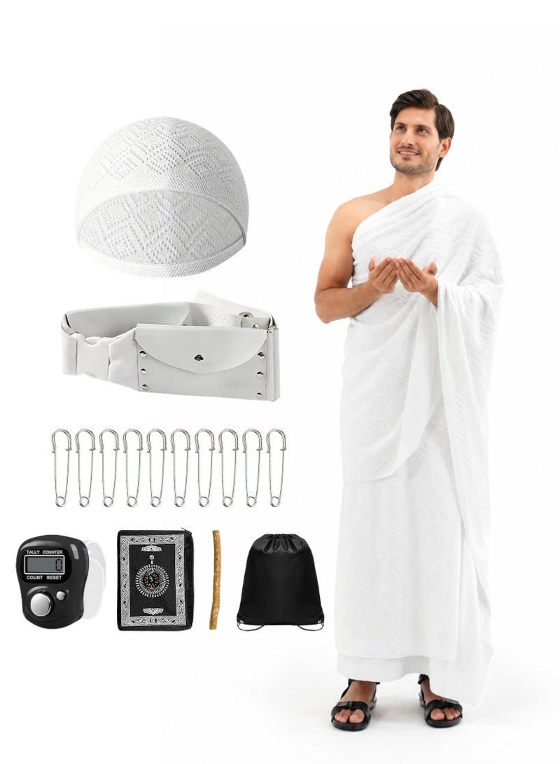 MAHRA CO. Umrah Essentials Kit for Men – Set of 8 | White Cotton Ehraam 110x220 cm | Adjustable Ehraam Belt 27” | Foldable Prayer Mat 100x60 cm | Miswak, Safety Pins, Digital Tasbeeh, Prayer Cap, Drawstring Pouch | Travel, Pilgrimage, Spiritual Purposes - Image 1