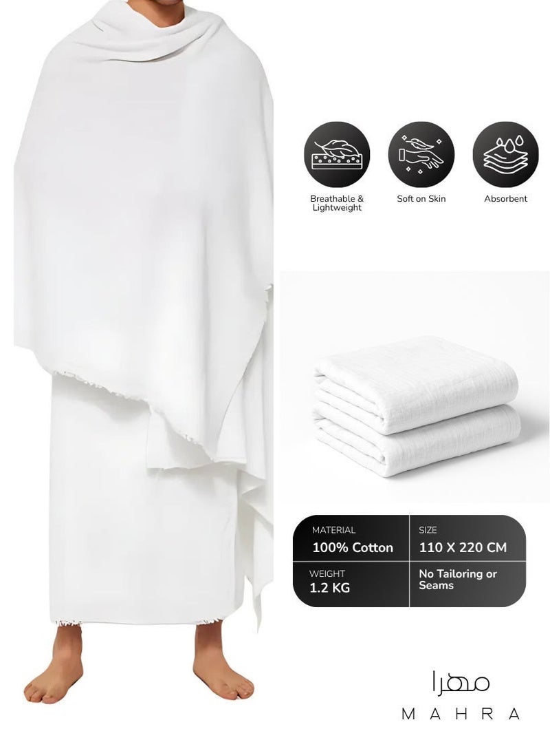 MAHRA CO. Umrah Essentials Kit for Men – Set of 8 | White Cotton Ehraam 110x220 cm | Adjustable Ehraam Belt 27” | Foldable Prayer Mat 100x60 cm | Miswak, Safety Pins, Digital Tasbeeh, Prayer Cap, Drawstring Pouch | Travel, Pilgrimage, Spiritual Purposes - Image 3