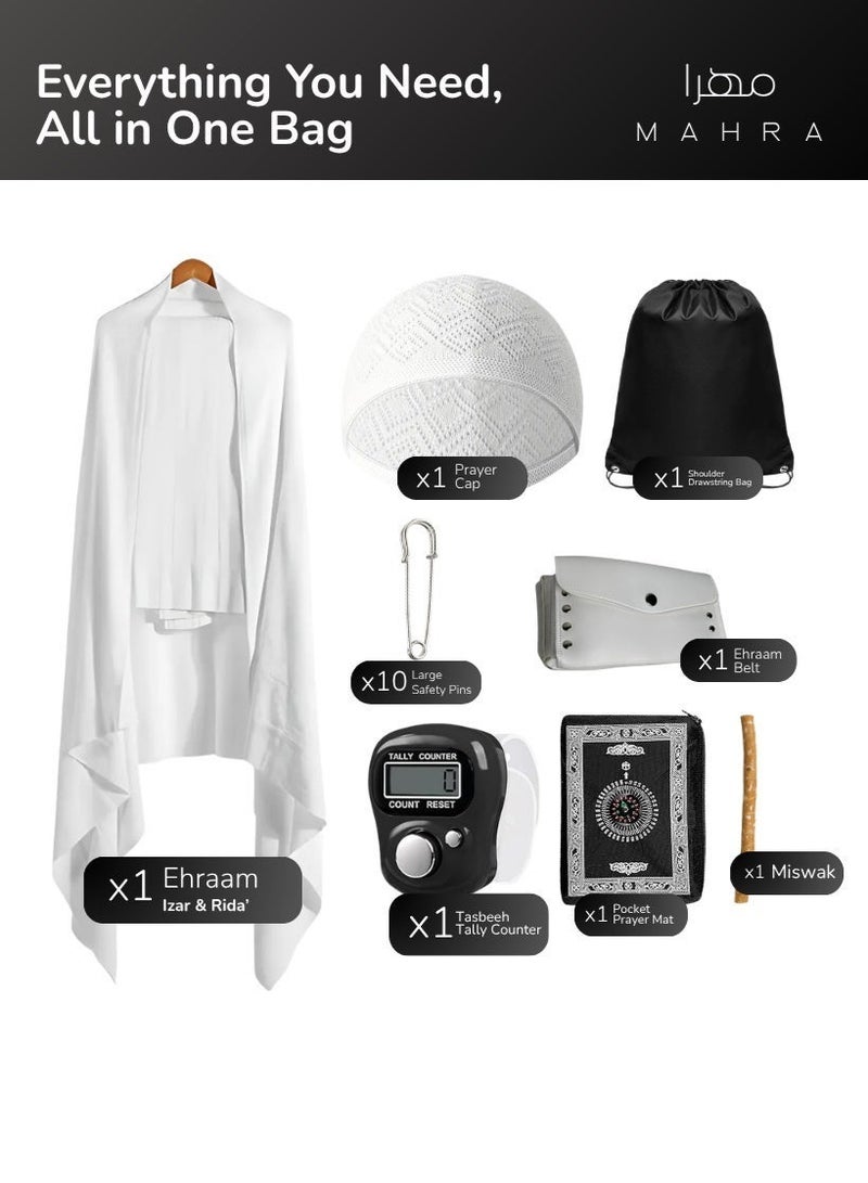 MAHRA CO. Umrah Essentials Kit for Men – Set of 8 | White Cotton Ehraam 110x220 cm | Adjustable Ehraam Belt 27” | Foldable Prayer Mat 100x60 cm | Miswak, Safety Pins, Digital Tasbeeh, Prayer Cap, Drawstring Pouch | Travel, Pilgrimage, Spiritual Purposes - Image 2