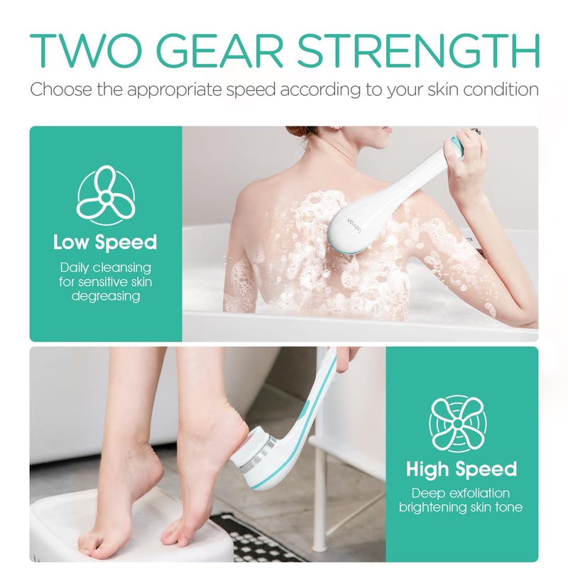 VOYOR Electric Body Brush Back Scrubber for Shower Rechargeable Exfoliating Bath Brush Powered Shower Brush with Non-Slip Long Handle Deep Cleansing, Exfoliation, Massaging Spin Brush BC100 (Blue) - Image 4