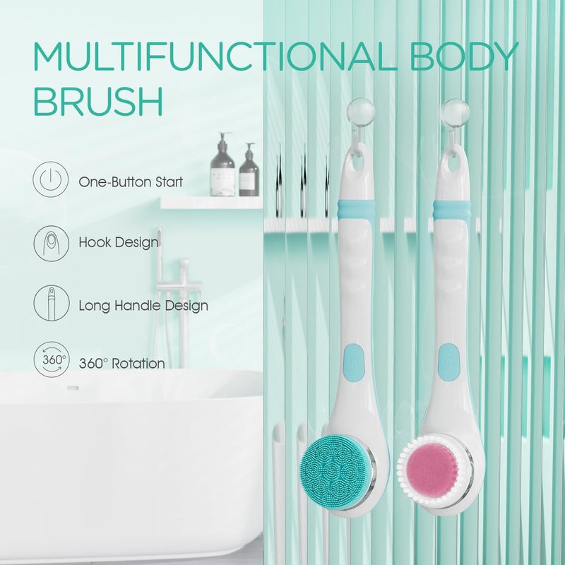 VOYOR Electric Body Brush Back Scrubber for Shower Rechargeable Exfoliating Bath Brush Powered Shower Brush with Non-Slip Long Handle Deep Cleansing, Exfoliation, Massaging Spin Brush BC100 (Blue) - Image 2