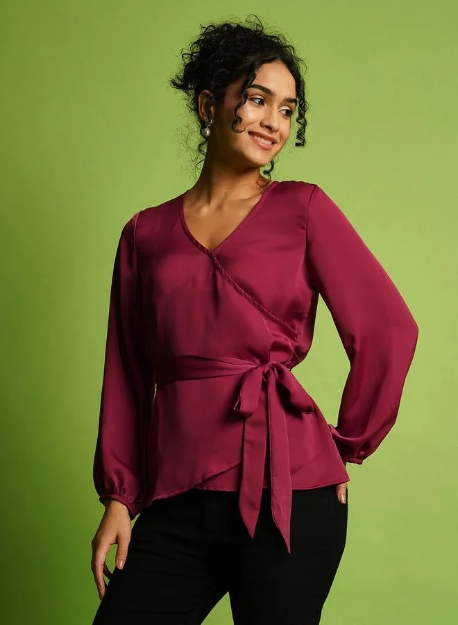 globus Globus Satin Wrap V-Neck Balloon Sleeve Tie-Up Top