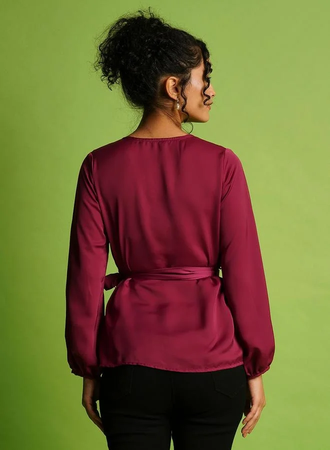 globus Globus Satin Wrap V-Neck Balloon Sleeve Tie-Up Top