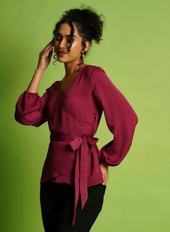 globus Globus Satin Wrap V-Neck Balloon Sleeve Tie-Up Top