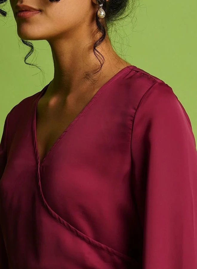 globus Globus Satin Wrap V-Neck Balloon Sleeve Tie-Up Top