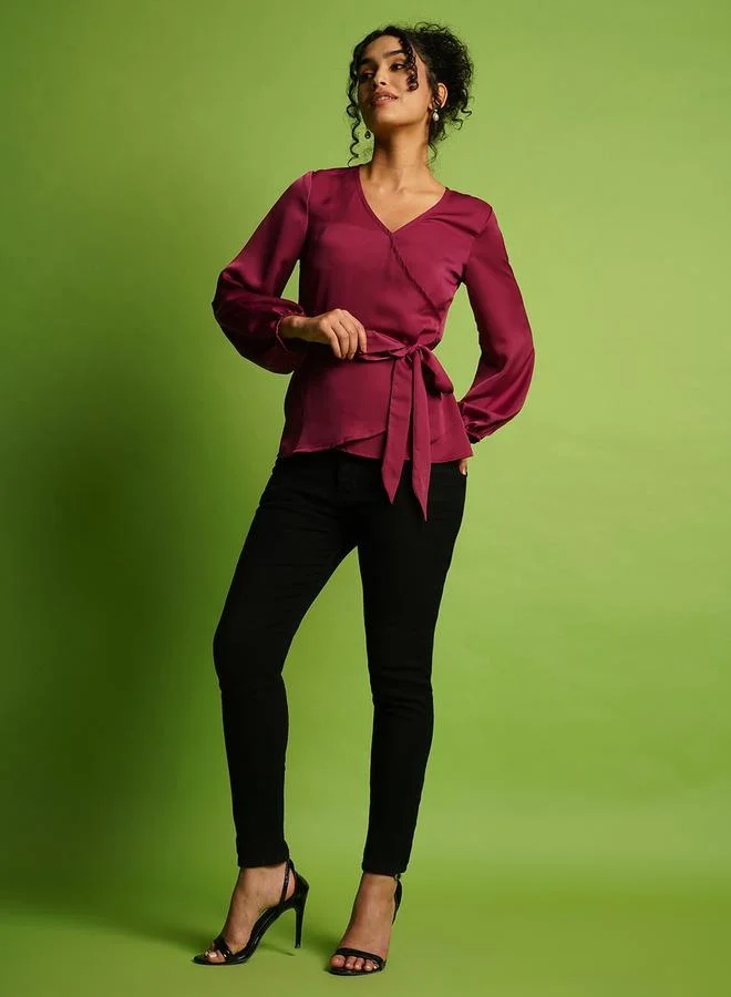 globus Globus Satin Wrap V-Neck Balloon Sleeve Tie-Up Top