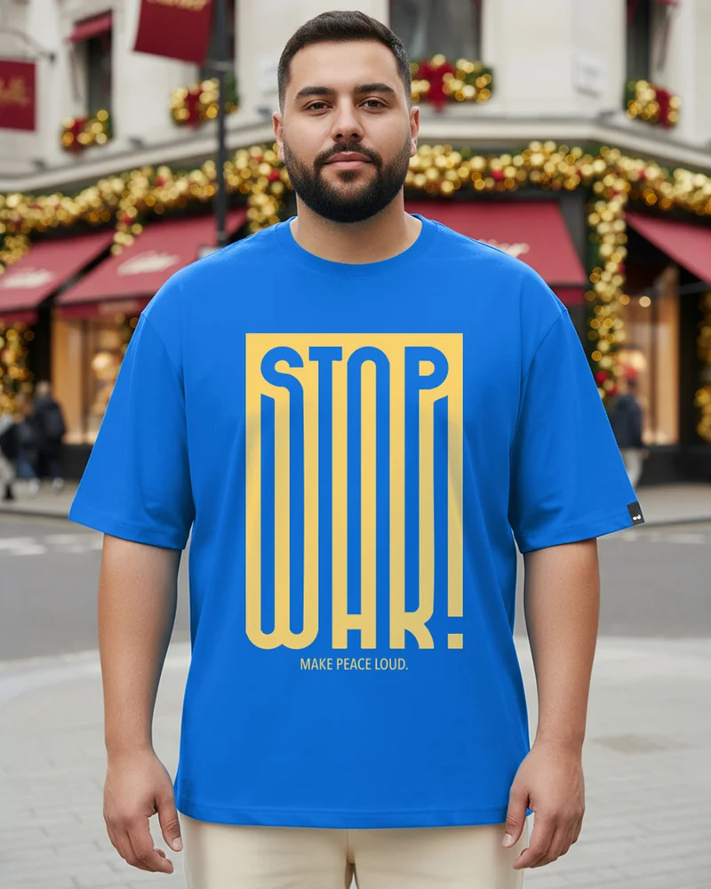 bewakoof Men's Blue Stop War Typography Oversized Plus Size T-shirt
