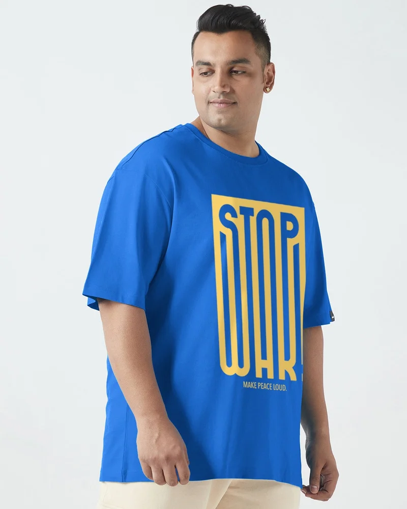 بيواكوف Men's Blue Stop War Typography Oversized Plus Size T-shirt