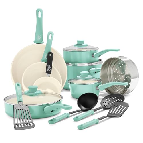 GreenLife Soft Grip 16 Piece Cookware Set, Non-Toxic PFAS-Free Ceramic Nonstick, Pots, Frying, Sauce, Saute, Glass Lids, Stay-Cool Handles, Wobble Free Bases, Dishwasher & Oven Safe, Turquoise - Image 1