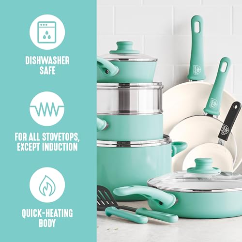 GreenLife Soft Grip 16 Piece Cookware Set, Non-Toxic PFAS-Free Ceramic Nonstick, Pots, Frying, Sauce, Saute, Glass Lids, Stay-Cool Handles, Wobble Free Bases, Dishwasher & Oven Safe, Turquoise - Image 2