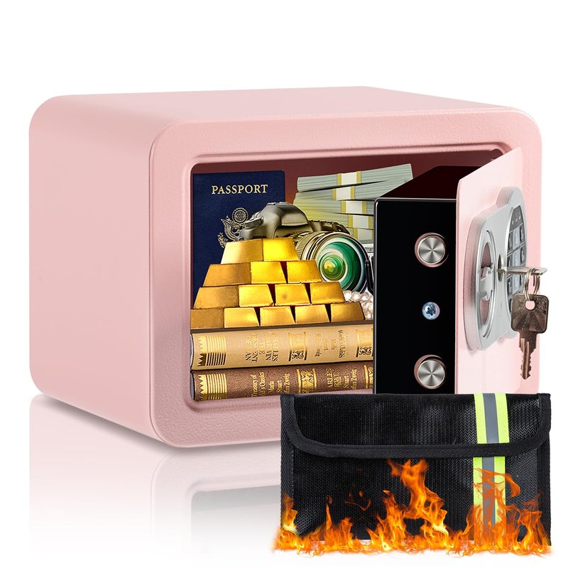 Locksworth 0.23 Cubic Feet Safe Box, Small Safe W/Fireproof Bag, Keys & Pass Code, Digital Electronic Security Money Box for Cash, Document, Home, Office, Hotel Use, Pink, 6.69"D x 9.06"W x 6.69"H - Image 1