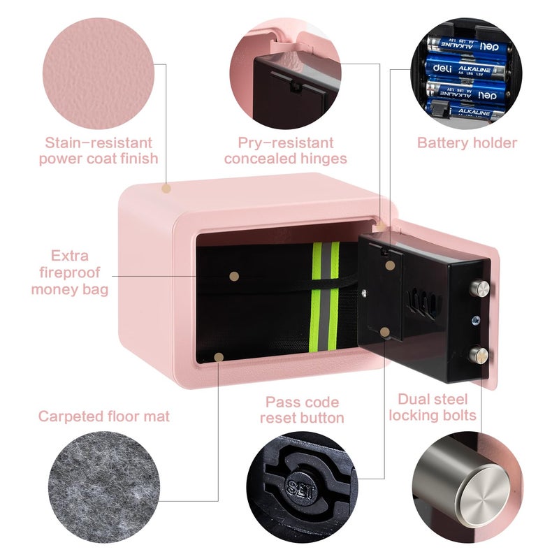 Locksworth 0.23 Cubic Feet Safe Box, Small Safe W/Fireproof Bag, Keys & Pass Code, Digital Electronic Security Money Box for Cash, Document, Home, Office, Hotel Use, Pink, 6.69"D x 9.06"W x 6.69"H - Image 5
