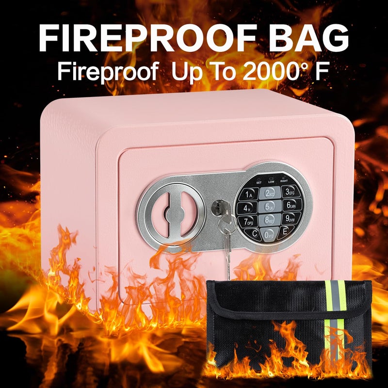 Locksworth 0.23 Cubic Feet Safe Box, Small Safe W/Fireproof Bag, Keys & Pass Code, Digital Electronic Security Money Box for Cash, Document, Home, Office, Hotel Use, Pink, 6.69"D x 9.06"W x 6.69"H - Image 2