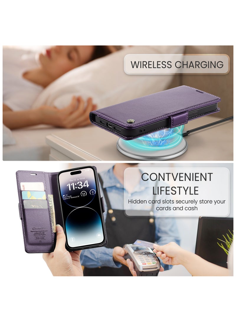 Phone Case for Apple iPhone 14 Pro Max Anti-scratch Leather Kickstand Card Slot Money Pocket Purple - Image 3