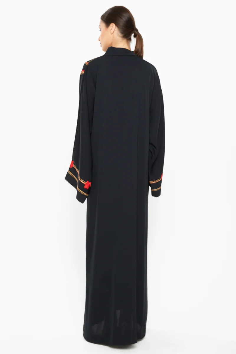 النخبة A rich and sensuous abaya with red and cream floral embroidery detailing-AJ667A