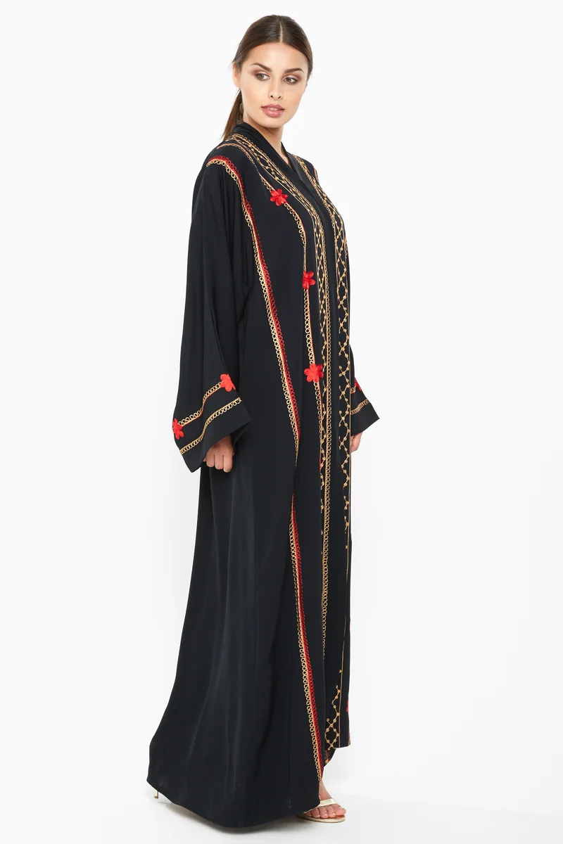 النخبة A rich and sensuous abaya with red and cream floral embroidery detailing-AJ667A