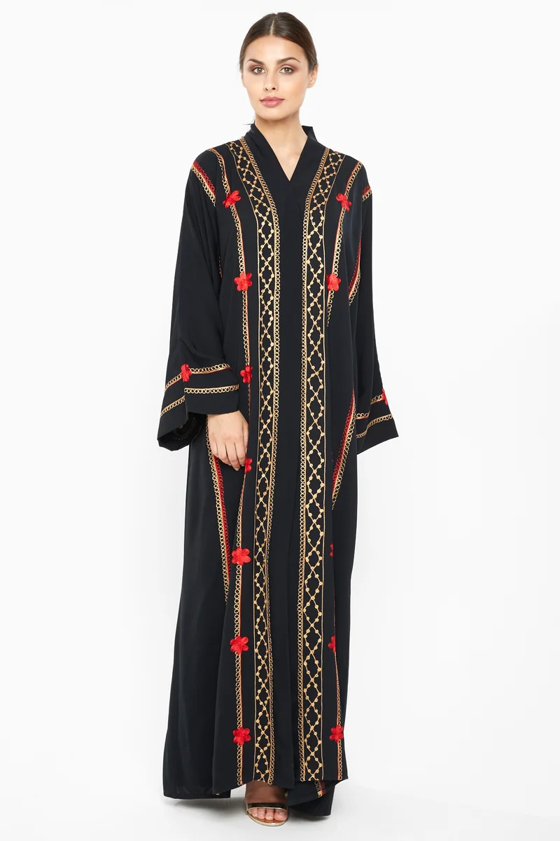 النخبة A rich and sensuous abaya with red and cream floral embroidery detailing-AJ667A