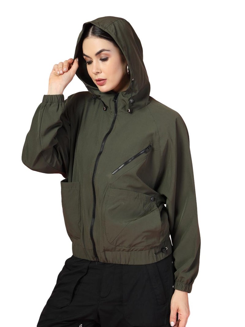 CHKOKKO Womens Stylish Oversized Windcheater Jacket with Zip Closure Lightweight Sportswear for Running Travel Hiking Outdoor and Rainy Season Wear Olive XL - Image 1