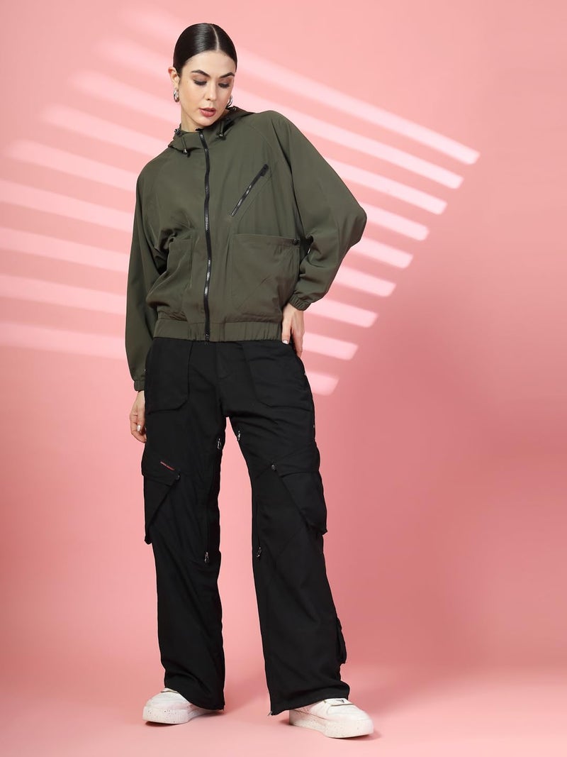CHKOKKO Womens Stylish Oversized Windcheater Jacket with Zip Closure Lightweight Sportswear for Running Travel Hiking Outdoor and Rainy Season Wear Olive XL - Image 5