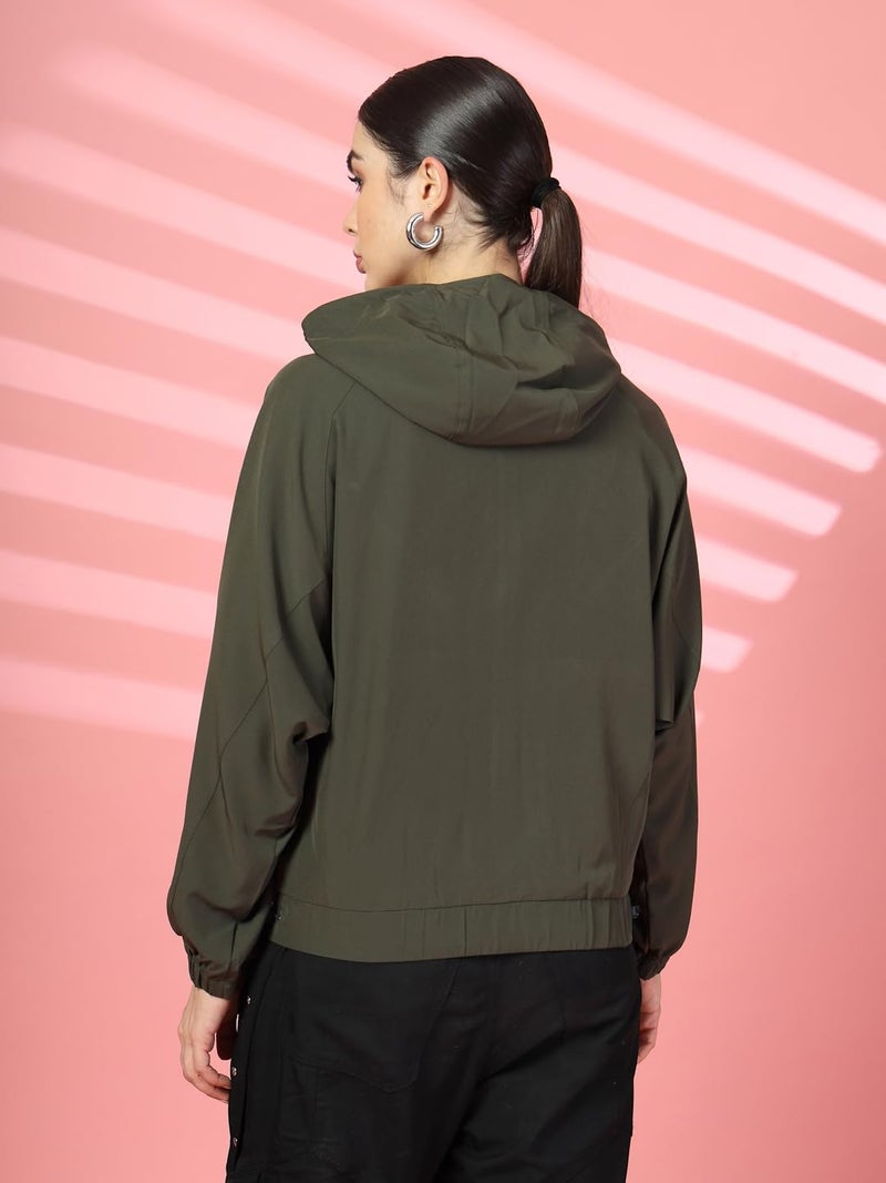 CHKOKKO Womens Stylish Oversized Windcheater Jacket with Zip Closure Lightweight Sportswear for Running Travel Hiking Outdoor and Rainy Season Wear Olive XL - Image 2