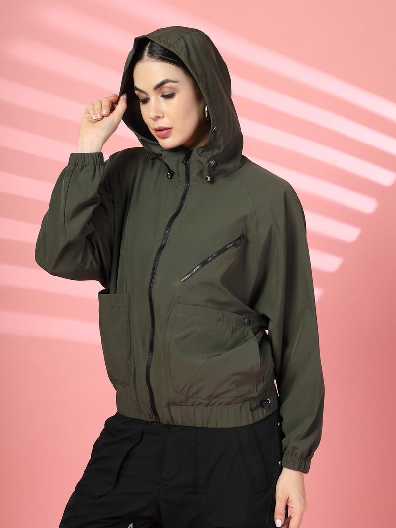 CHKOKKO Womens Stylish Oversized Windcheater Jacket with Zip Closure Lightweight Sportswear for Running Travel Hiking Outdoor and Rainy Season Wear Olive XL - Image 3