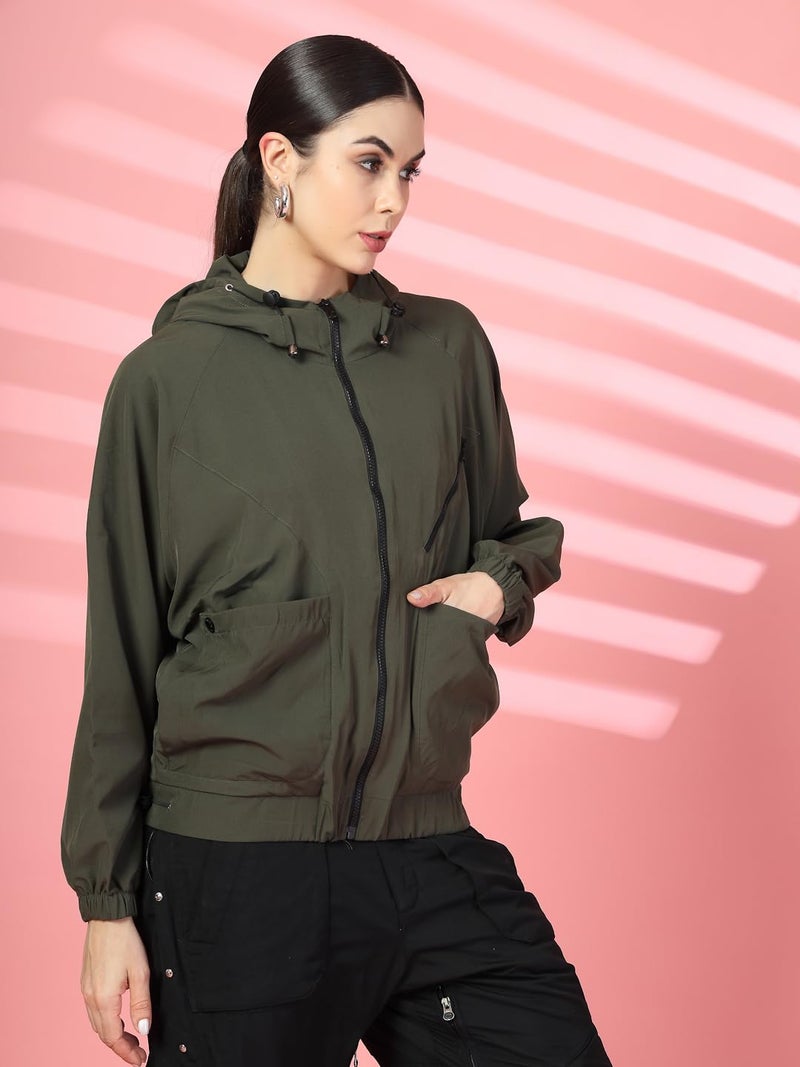 CHKOKKO Womens Stylish Oversized Windcheater Jacket with Zip Closure Lightweight Sportswear for Running Travel Hiking Outdoor and Rainy Season Wear Olive XL - Image 4