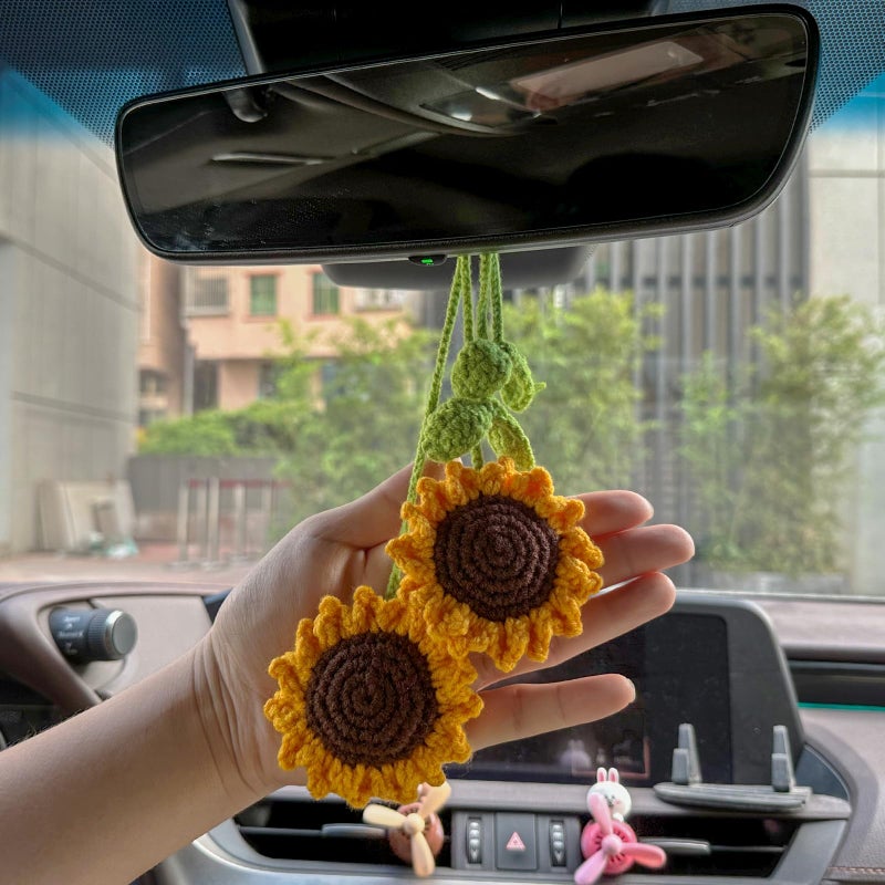 Refintural 2 Pieces Handmade Sunflower Car Accessories Sunflower Pendants Car Mirror Hanging Accessories - Image 3