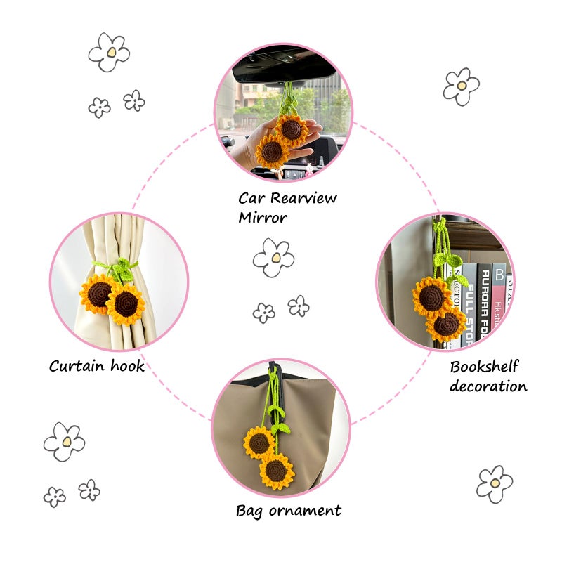 Refintural 2 Pieces Handmade Sunflower Car Accessories Sunflower Pendants Car Mirror Hanging Accessories - Image 2
