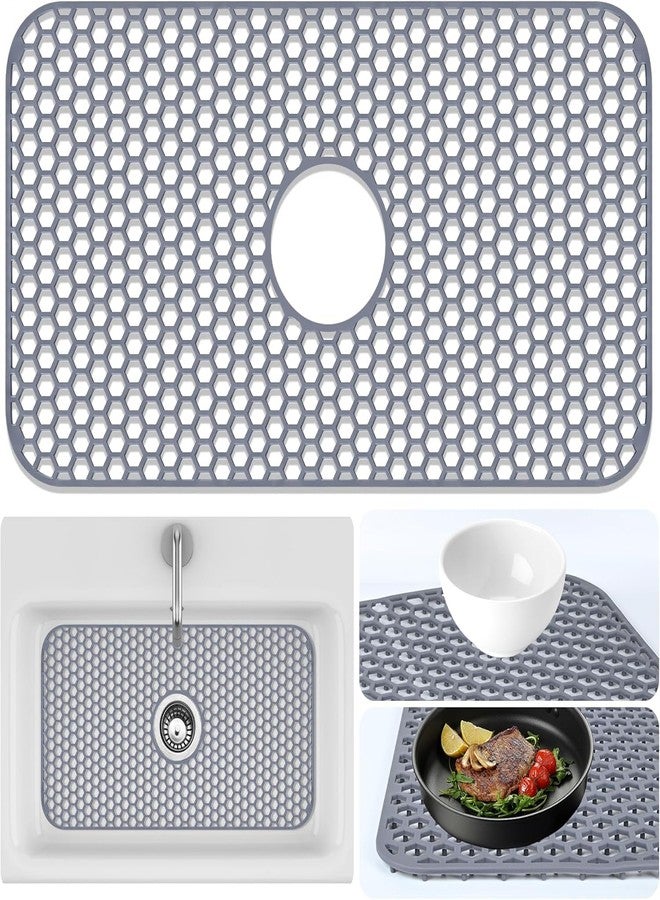 Inchoco Sink Protectors Mat - 25.79"x13.98" Kitchen Sink Pad for Bottom of Basin for Protection of Stainless Steel and Tableware, Farmhouse Rubber Basin Mat Protector with Center Drain - Light Gray - Image 1