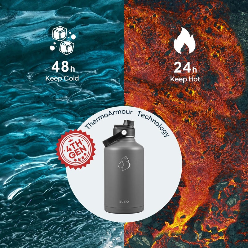 BUZIO 64oz Water Bottle Insulated Stainless Steel (Cold for 48 Hrs/Hot for 24 Hrs) BPA Free Double Wall Travel Mug/Flask for Outdoor Sports Hiking, Cycling, Cam,Camping, Running- Graphite - Image 2