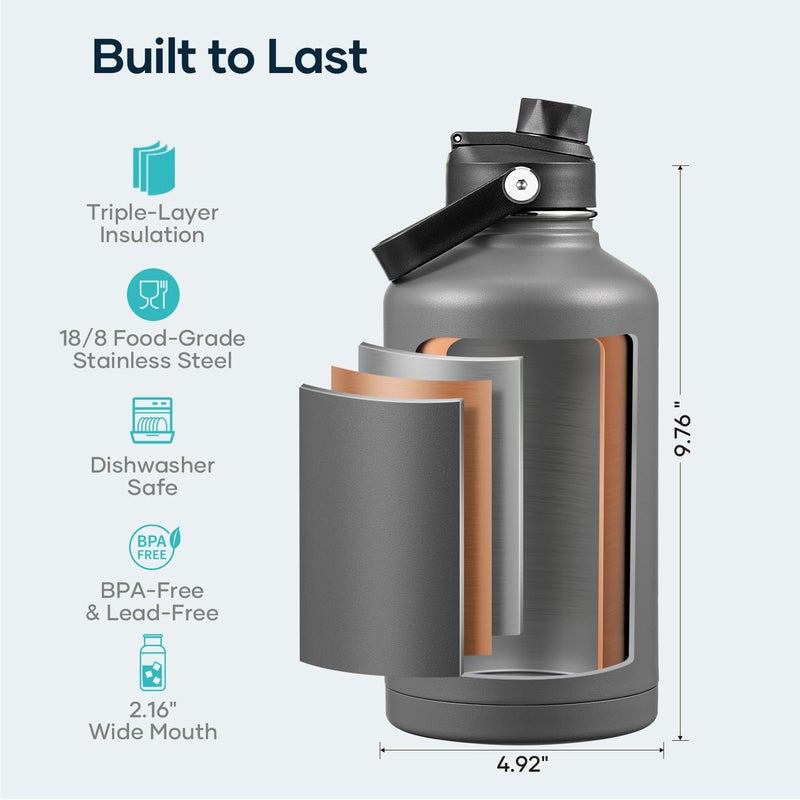 BUZIO 64oz Water Bottle Insulated Stainless Steel (Cold for 48 Hrs/Hot for 24 Hrs) BPA Free Double Wall Travel Mug/Flask for Outdoor Sports Hiking, Cycling, Cam,Camping, Running- Graphite - Image 4