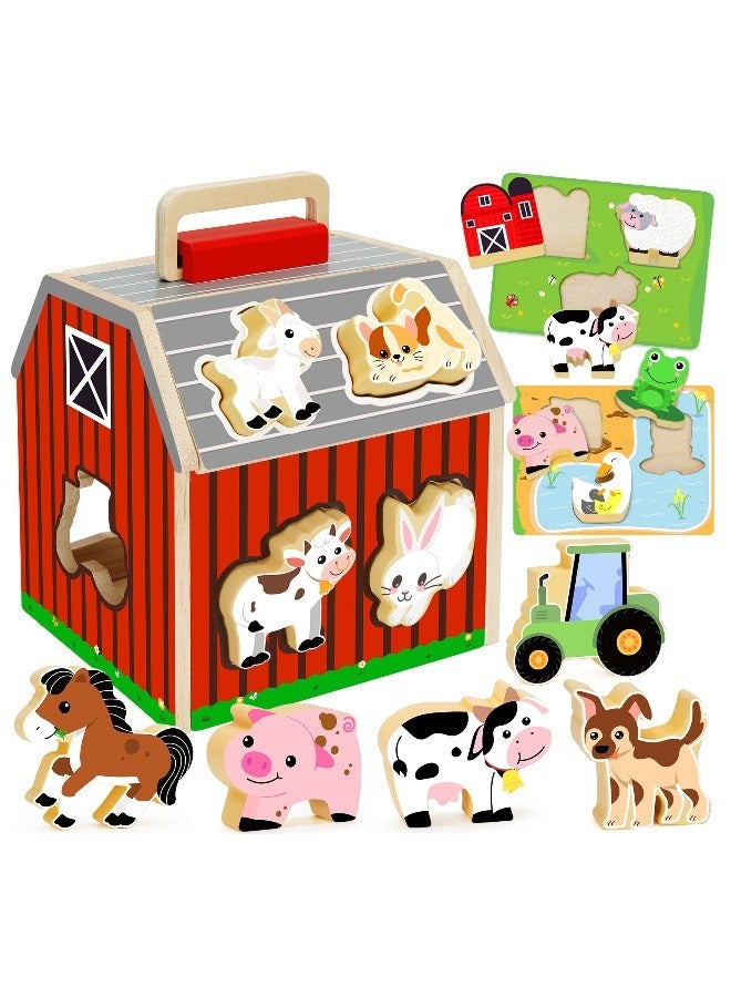 Wooden Assembled Barn House Scene, Pairing Building Blocks, Cognitive Puzzle Blocks, Puzzle Board, for Children Aged 0-3-6 Years - Image 1