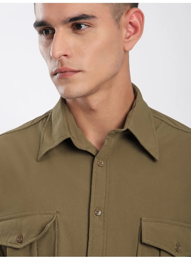 Beyoung Peanut Brown Roll Up Sleeve Shirt